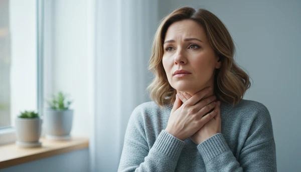 Woman holding her sore throat by a window