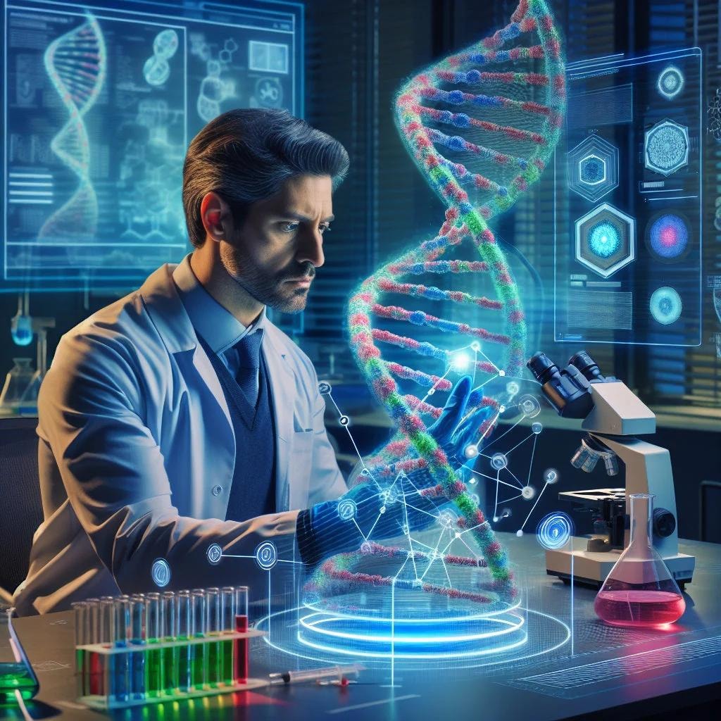 Scientist examining holographic DNA structure